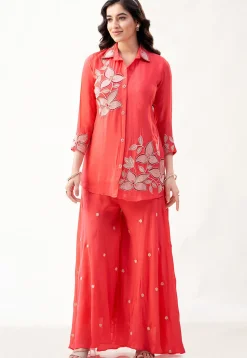 Embroidered Georgette Tunic Set in Peach