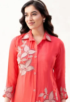 Embroidered Georgette Tunic Set in Peach