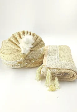 Embroidered Georgette Turban Set in Beige