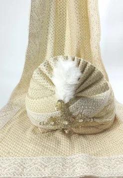 Embroidered Georgette Turban Set in Beige