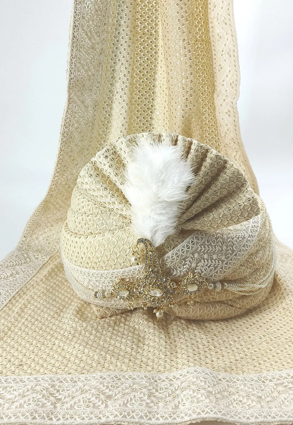 Embroidered Georgette Turban Set in Beige