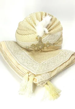 Embroidered Georgette Turban Set in Beige