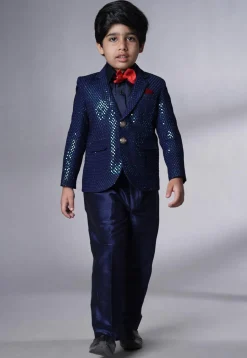 Embroidered Georgette Tuxedo in Navy Blue