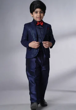 Embroidered Georgette Tuxedo in Navy Blue