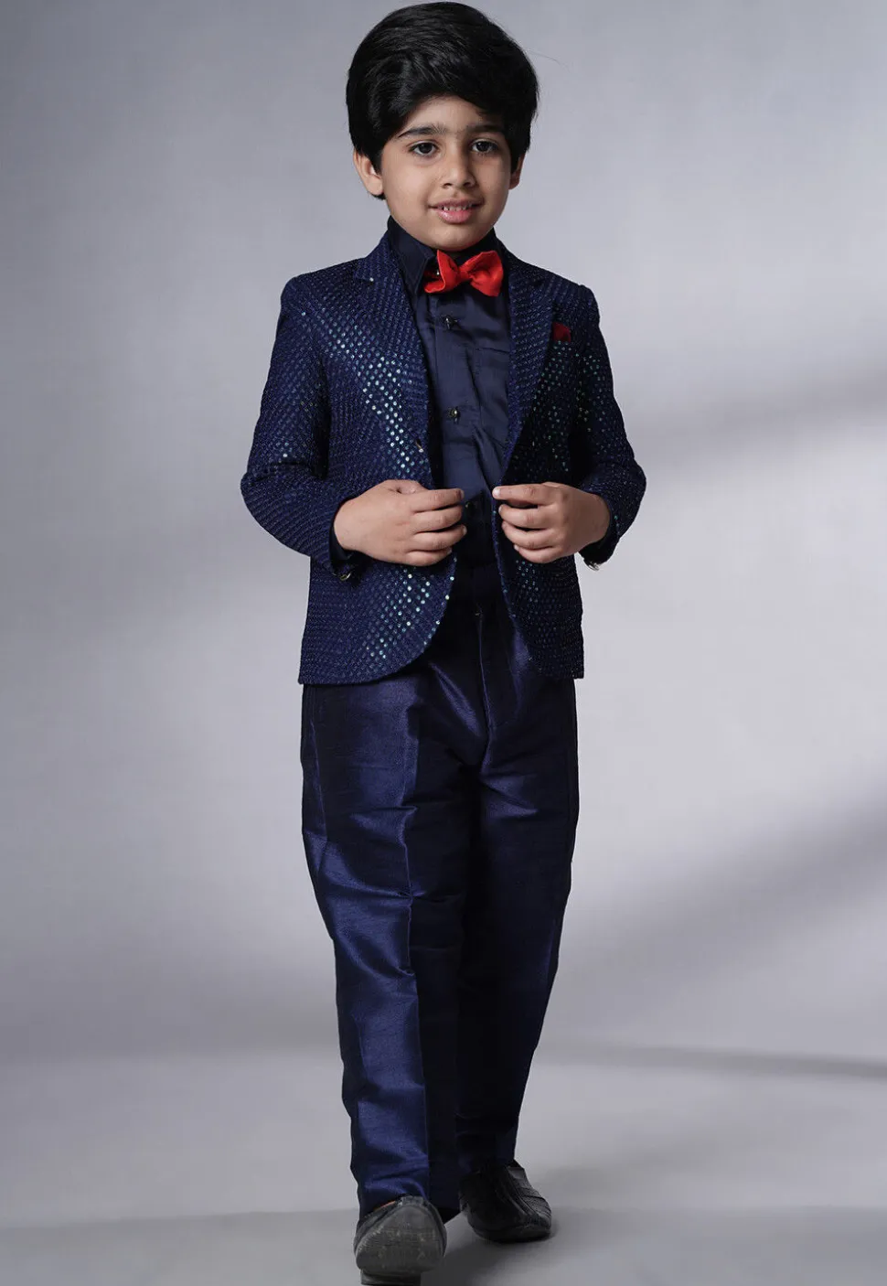 Embroidered Georgette Tuxedo in Navy Blue