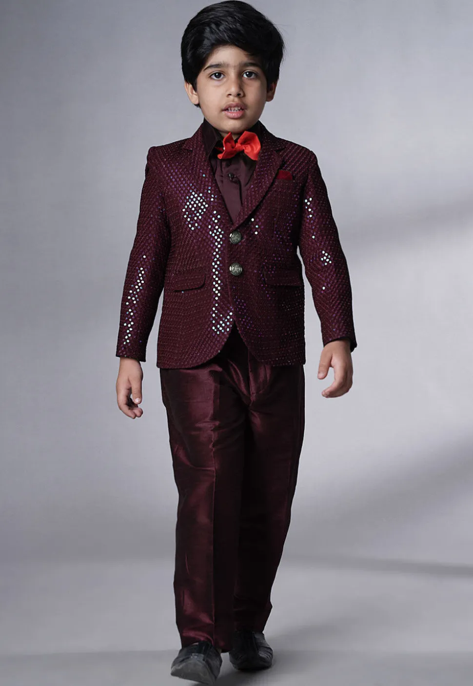 Embroidered Georgette Tuxedo in Wine
