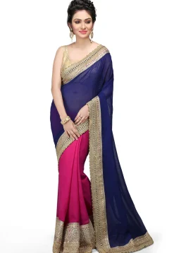 Embroidered Half N Half Georgette Saree in Navy Blue and Fuchsia