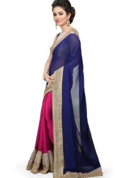 Embroidered Half N Half Georgette Saree in Navy Blue and Fuchsia