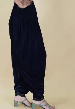 Embroidered Hem Velvet Patiala in Navy Blue