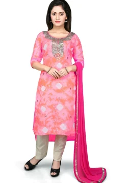 Embroidered High Low Straight Cut Pure Kota Silk Suit in Light Pink