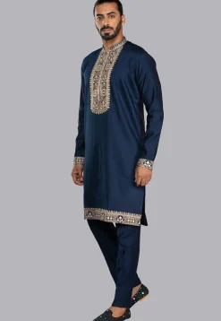 Embroidered Imported Cotton Silk Kurta Set in Navy Blue