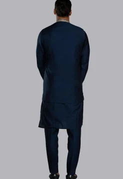 Embroidered Imported Cotton Silk Kurta Set in Navy Blue