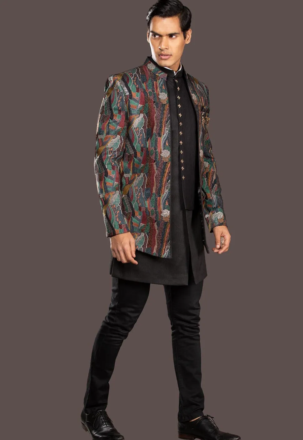 Embroidered Imported Terry Rayon Sherwani in Black