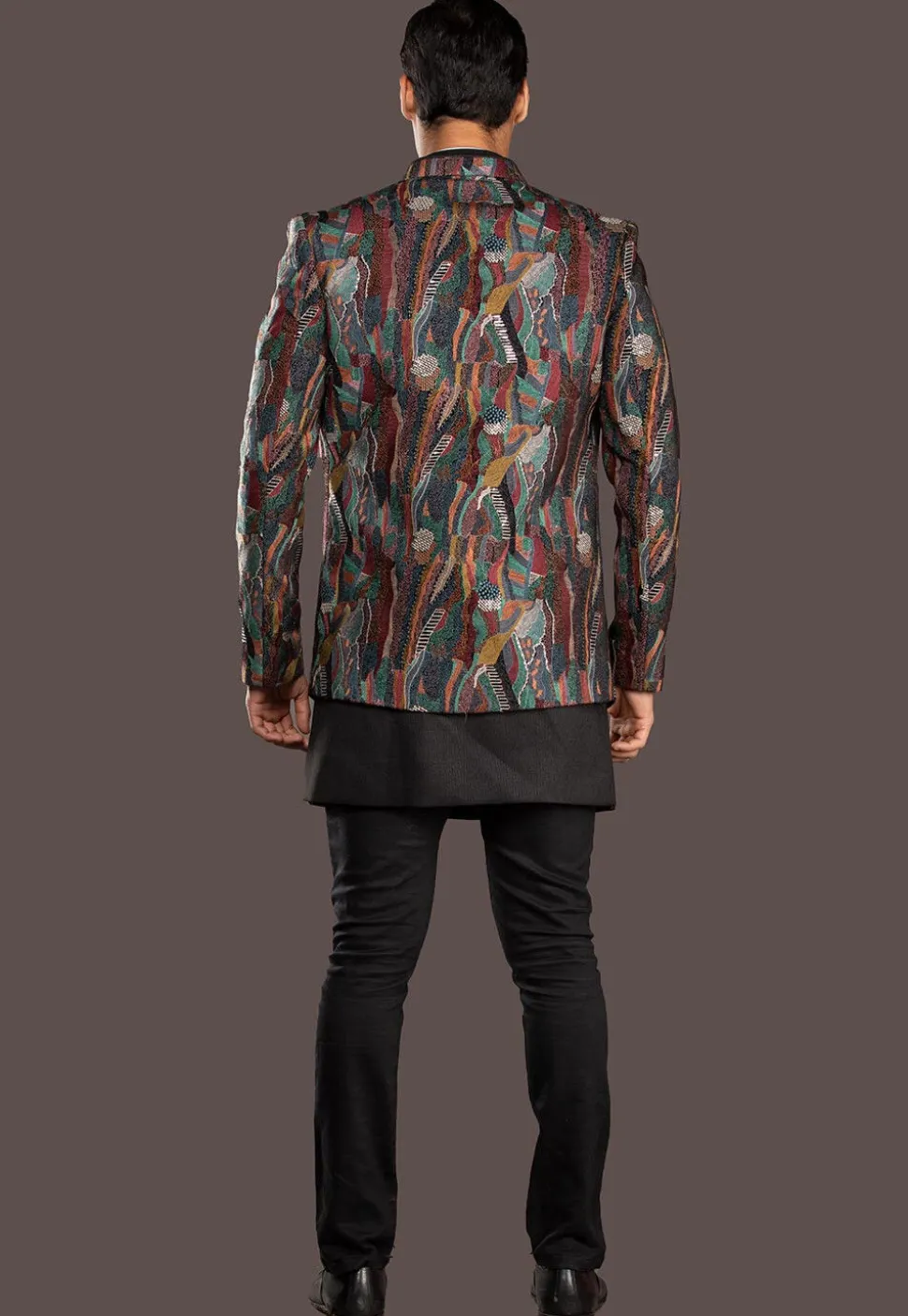Embroidered Imported Terry Rayon Sherwani in Black