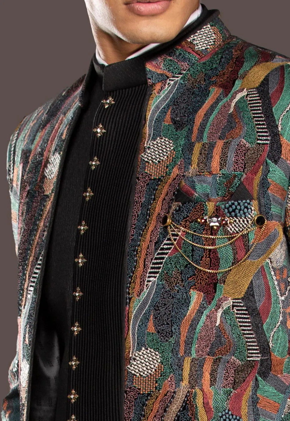 Embroidered Imported Terry Rayon Sherwani in Black