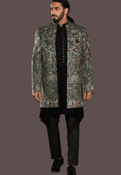 Embroidered Imported Terry Rayon Sherwani in Black
