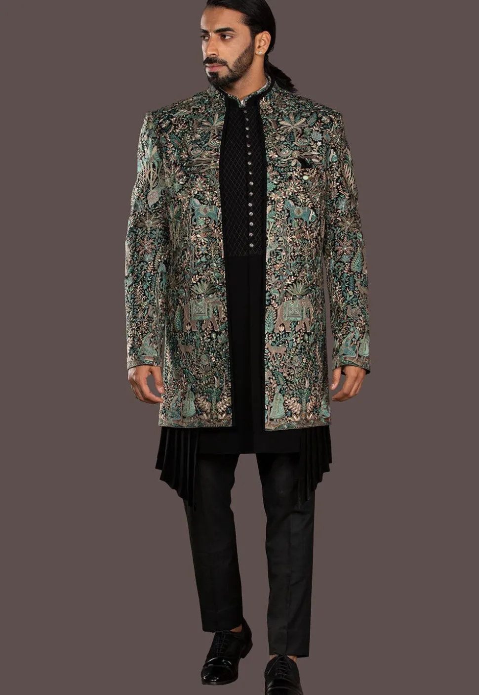 Embroidered Imported Terry Rayon Sherwani in Black