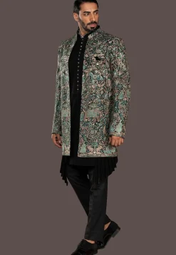 Embroidered Imported Terry Rayon Sherwani in Black