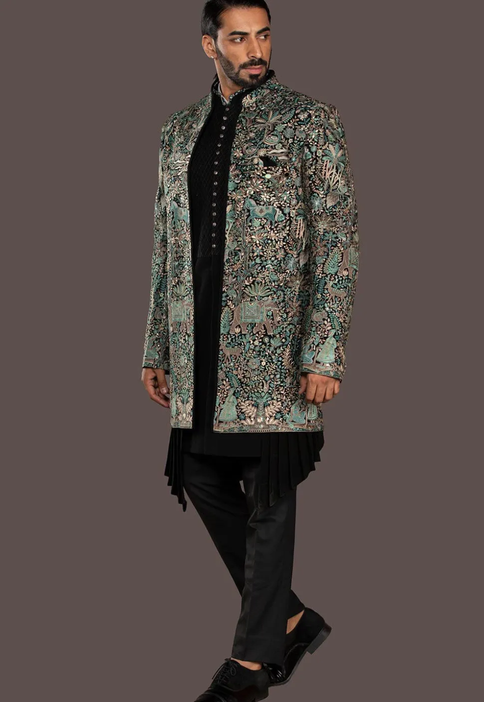 Embroidered Imported Terry Rayon Sherwani in Black