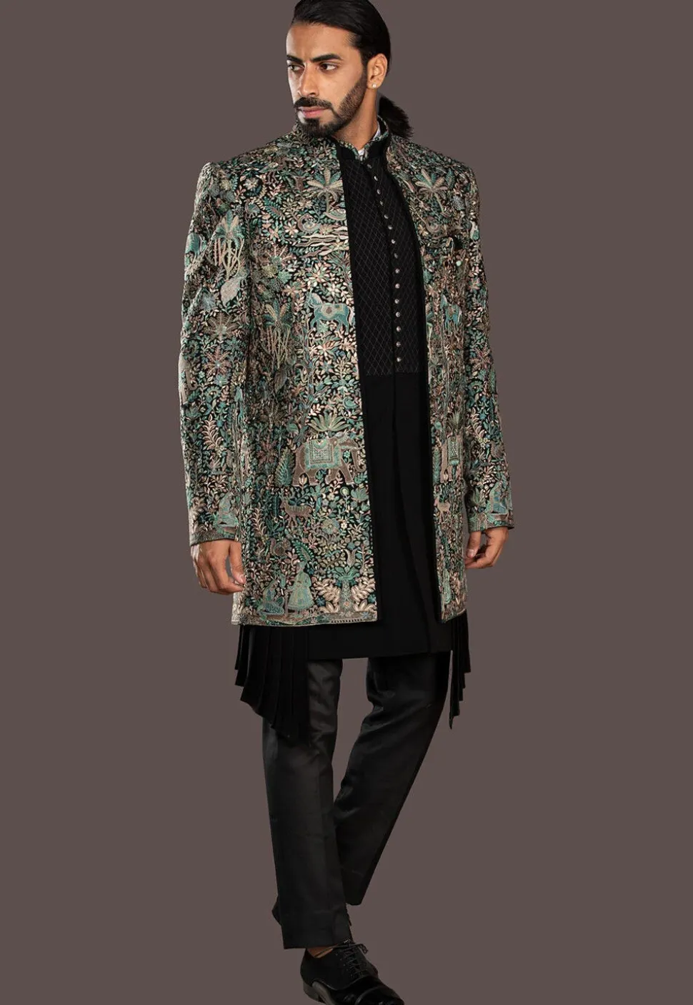 Embroidered Imported Terry Rayon Sherwani in Black