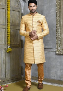 Embroidered Jute Cotton Sherwani in Beige