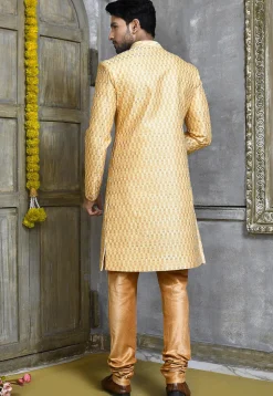 Embroidered Jute Cotton Sherwani in Beige