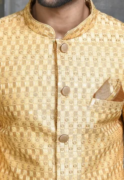 Embroidered Jute Cotton Sherwani in Beige