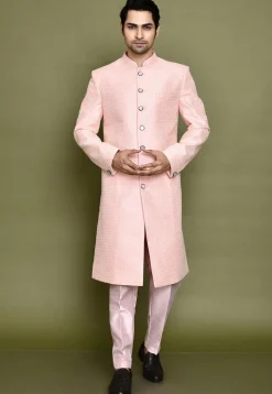 Embroidered Jute Cotton Sherwani in Peach