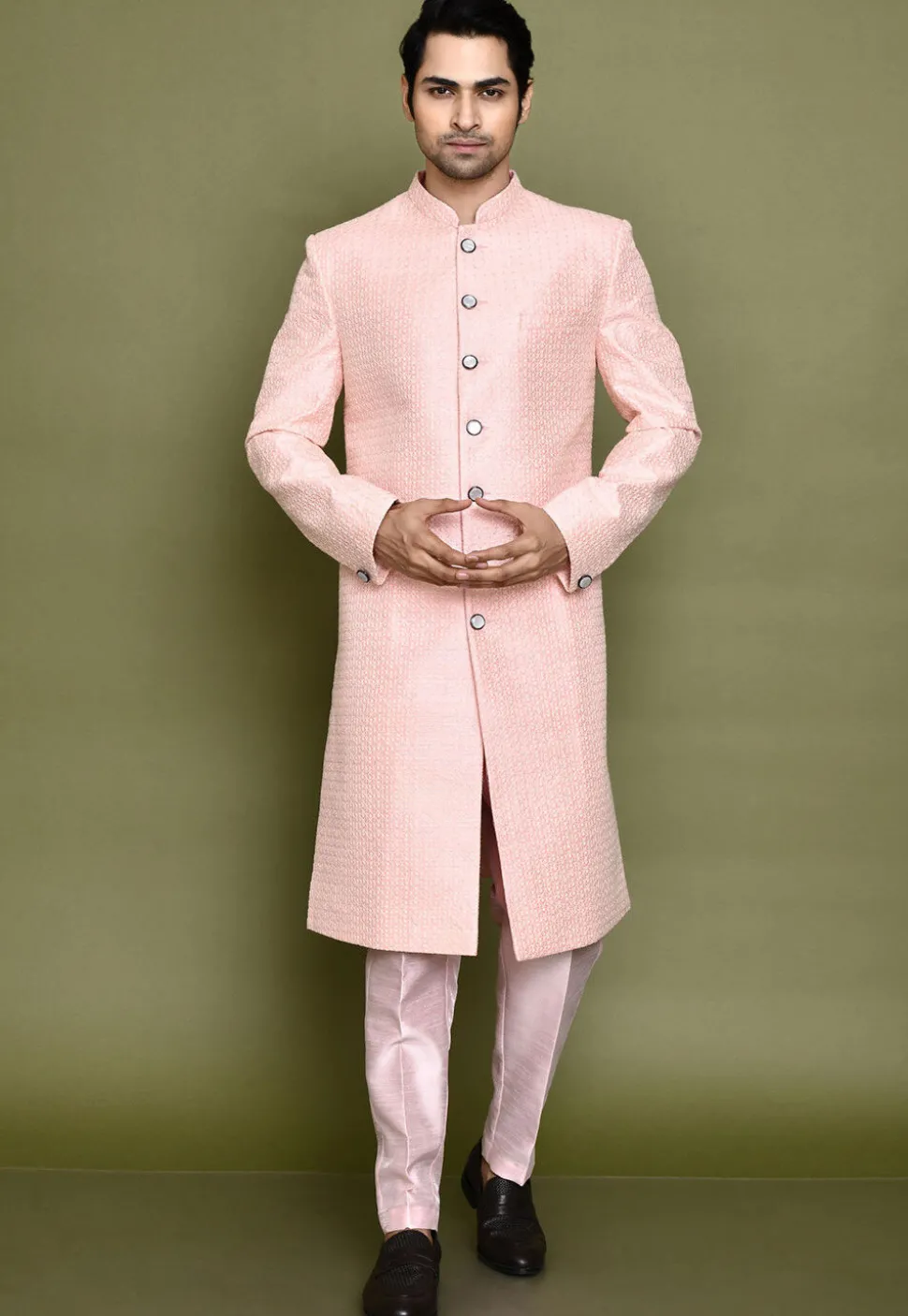 Embroidered Jute Cotton Sherwani in Peach