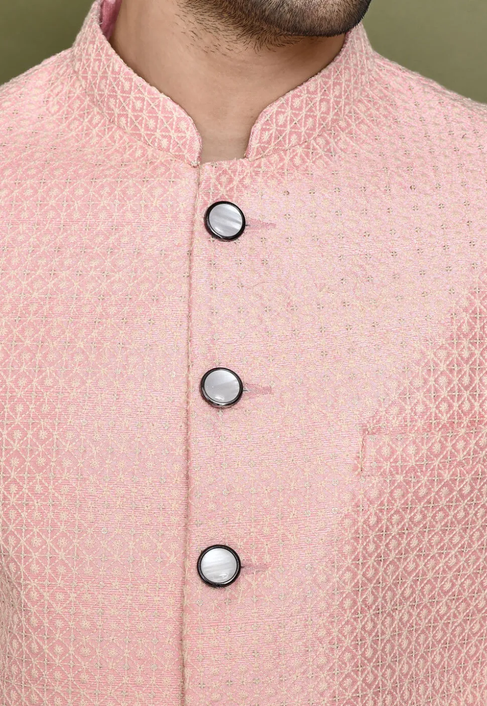 Embroidered Jute Cotton Sherwani in Peach