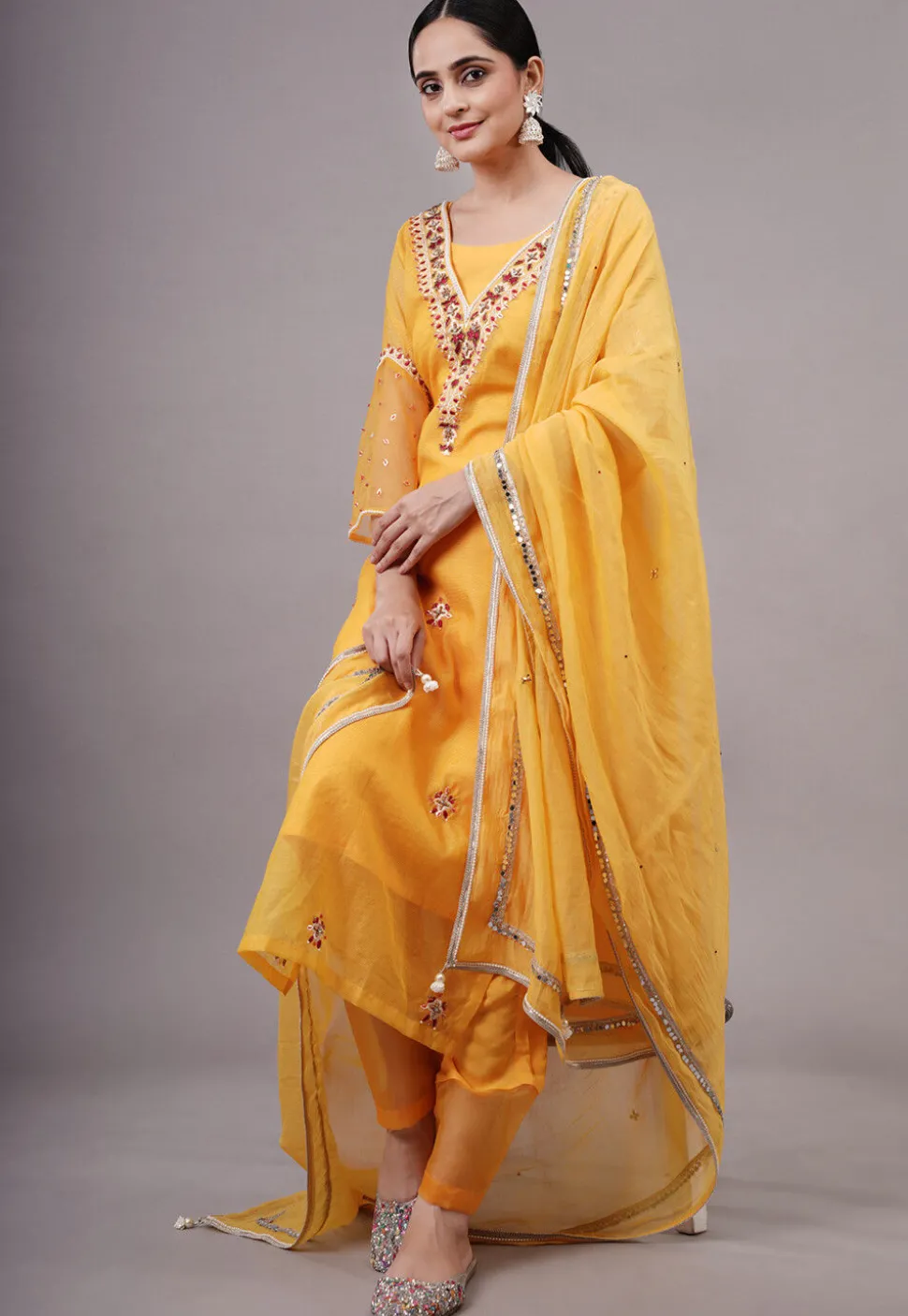 Embroidered Kota Doria Pakistani Suit in Yellow