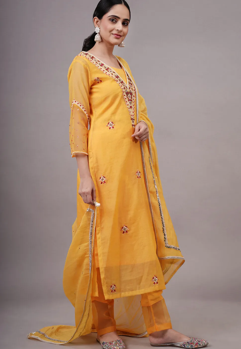 Embroidered Kota Doria Pakistani Suit in Yellow