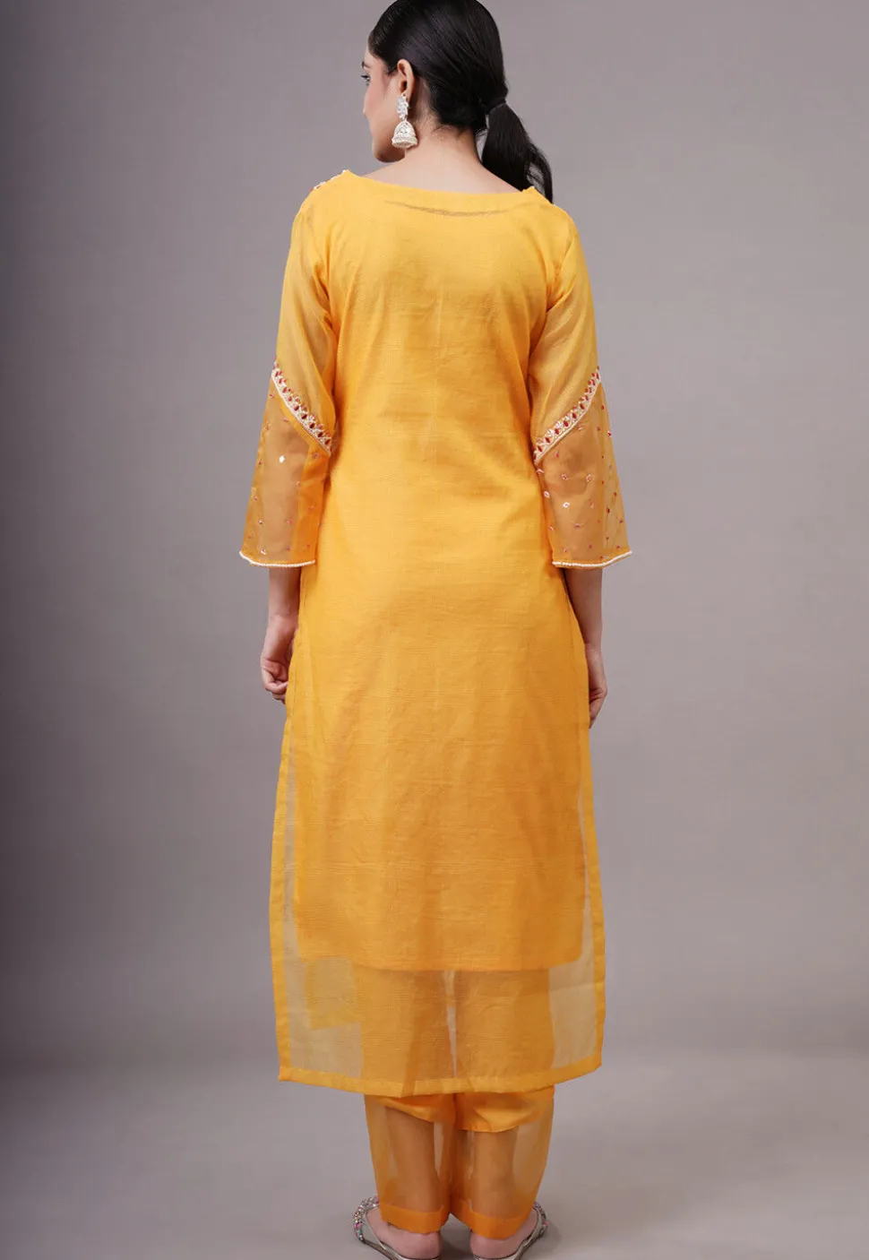Embroidered Kota Doria Pakistani Suit in Yellow