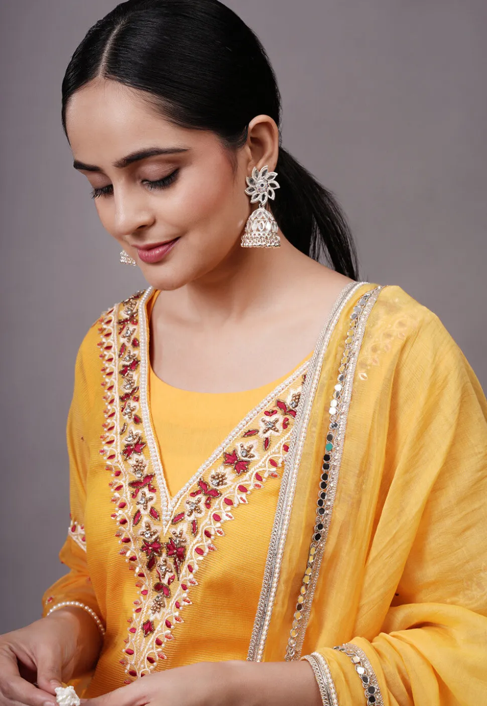 Embroidered Kota Doria Pakistani Suit in Yellow