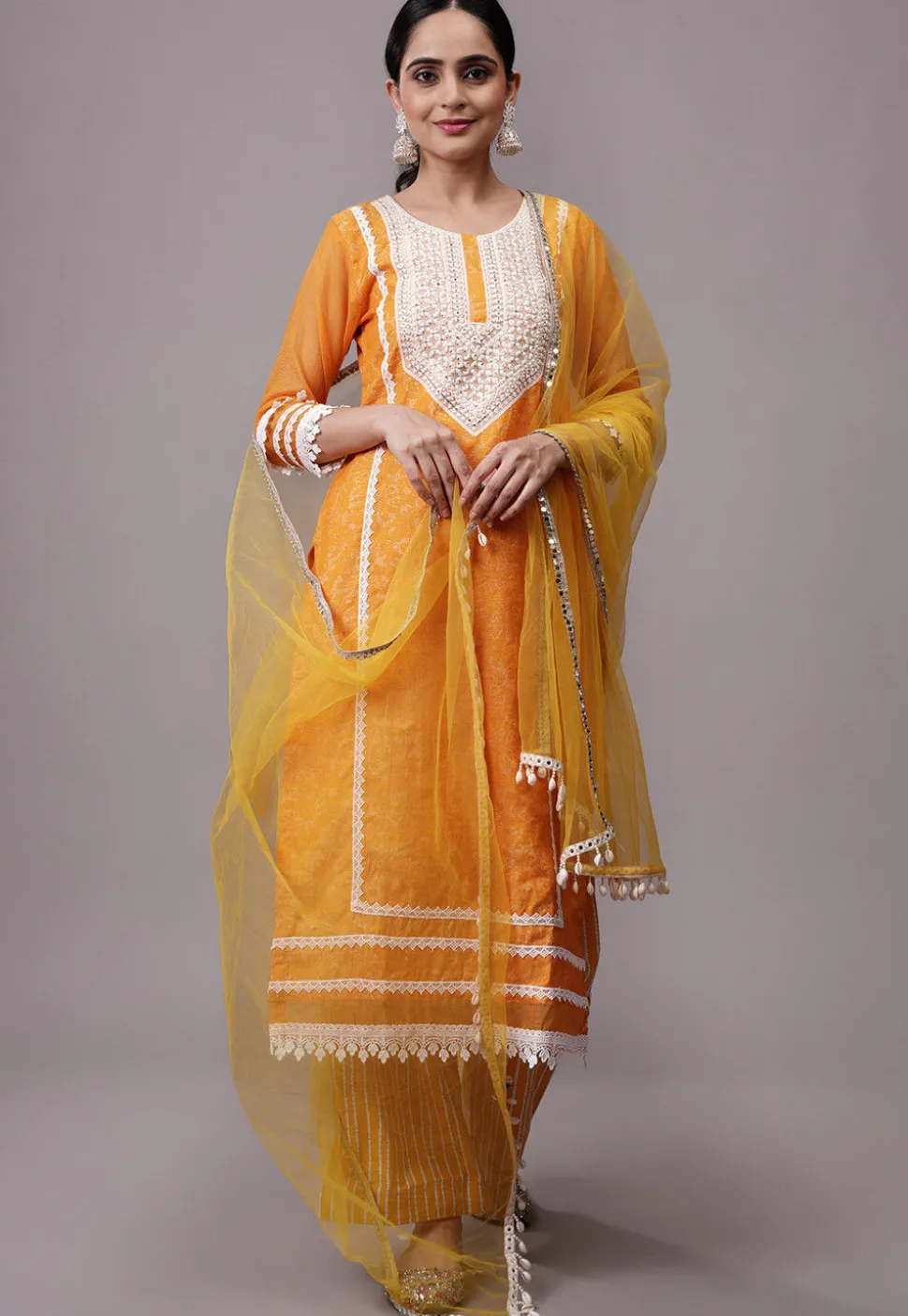 Embroidered Kota Doria Pakistani Suit in Mustard
