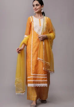 Embroidered Kota Doria Pakistani Suit in Mustard