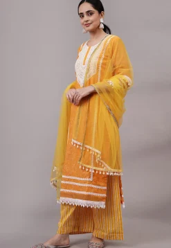 Embroidered Kota Doria Pakistani Suit in Mustard