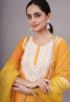 Embroidered Kota Doria Pakistani Suit in Mustard