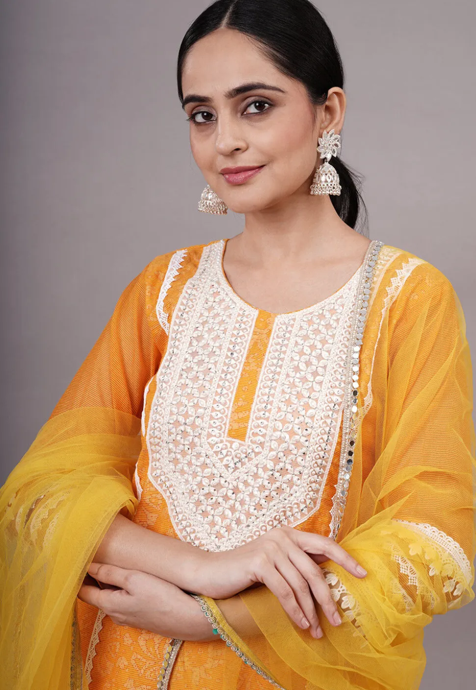 Embroidered Kota Doria Pakistani Suit in Mustard