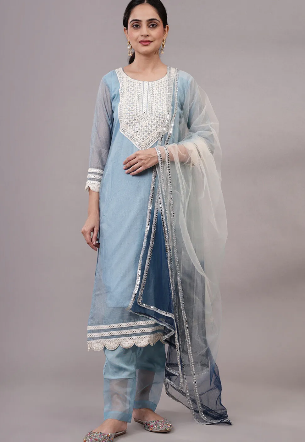 Embroidered Kota Doria Pakistani Suit in Sky Blue