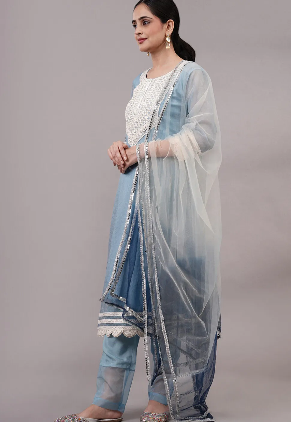 Embroidered Kota Doria Pakistani Suit in Sky Blue