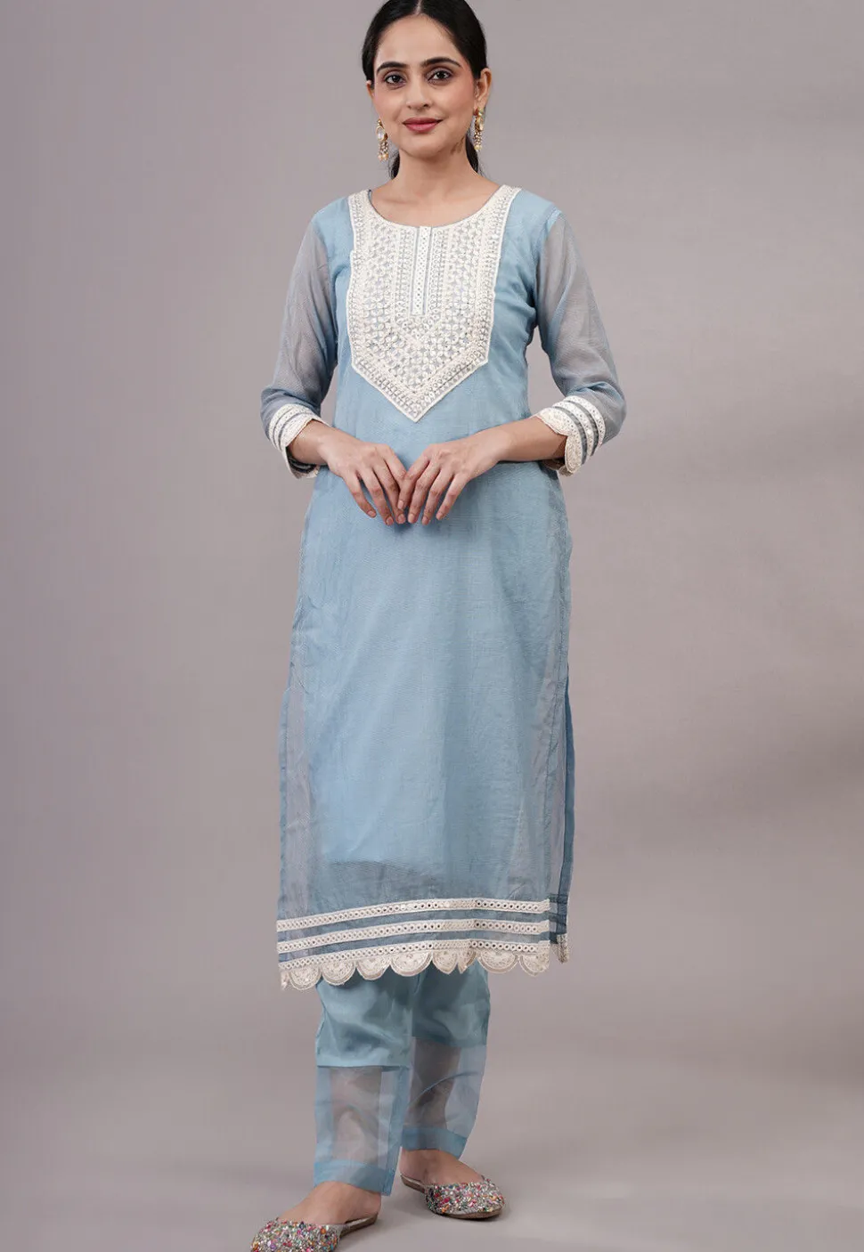 Embroidered Kota Doria Pakistani Suit in Sky Blue