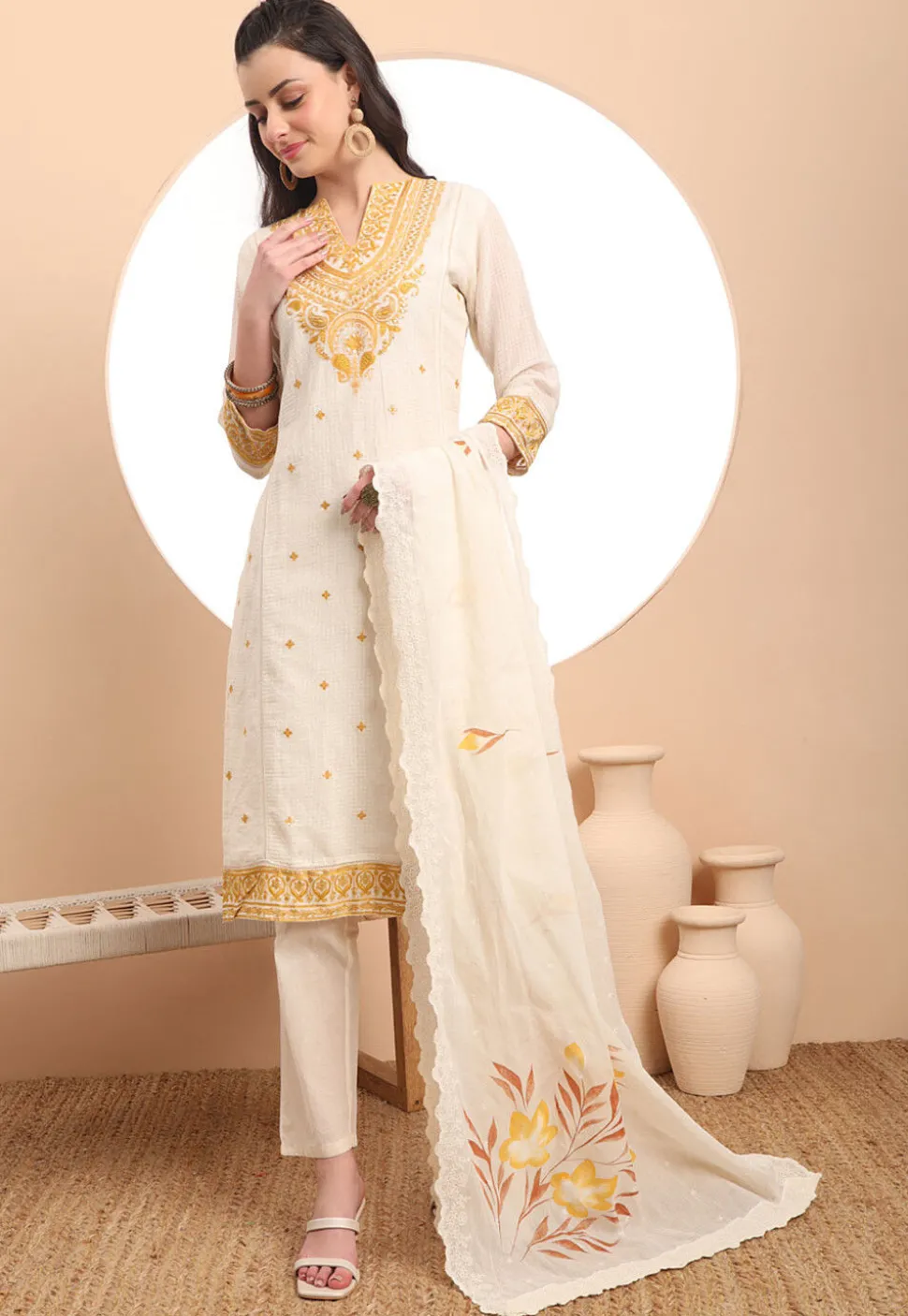 Embroidered Kota Doria Pakistani Suit in Cream
