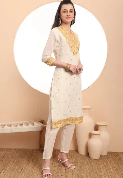 Embroidered Kota Doria Pakistani Suit in Cream