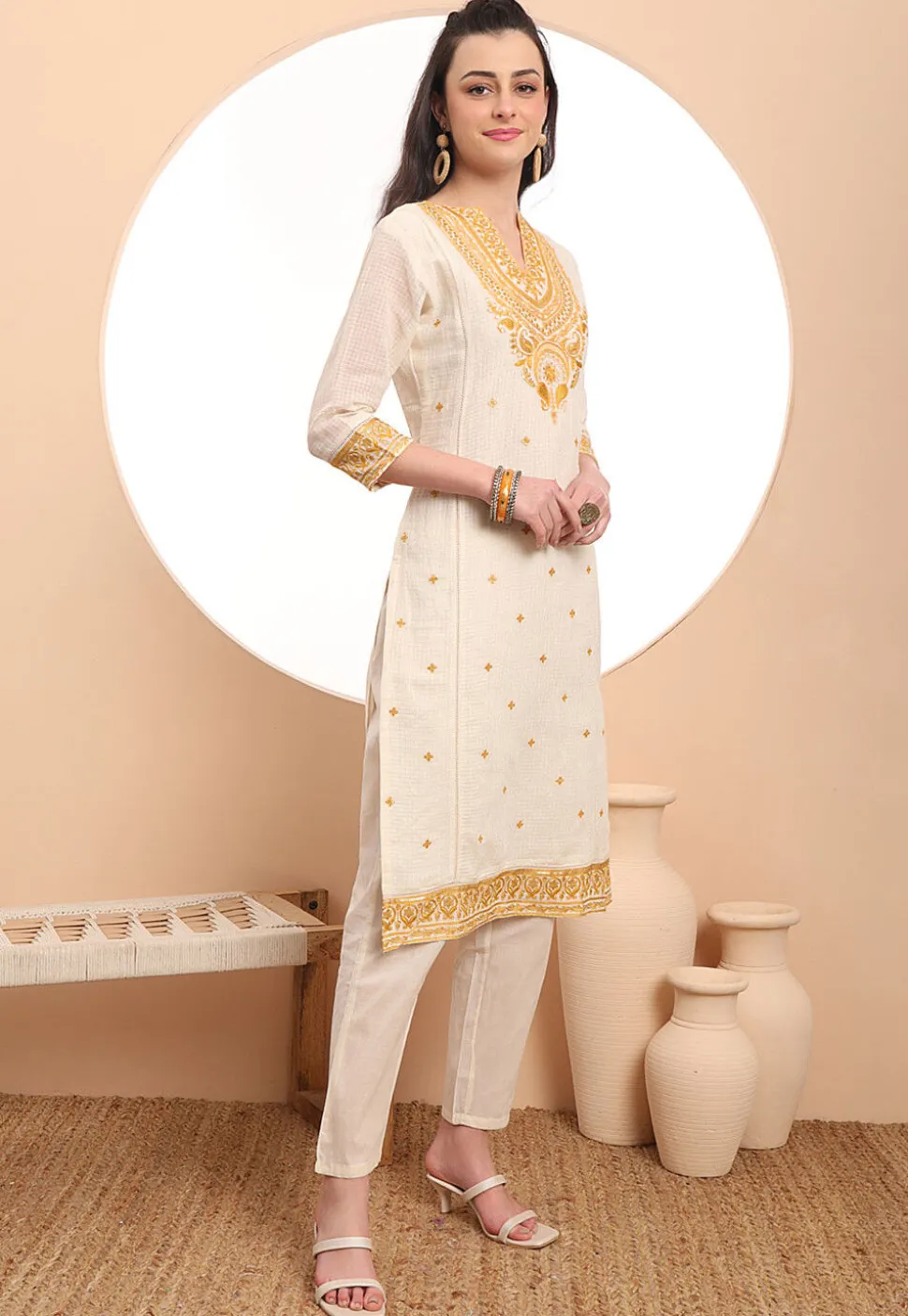 Embroidered Kota Doria Pakistani Suit in Cream