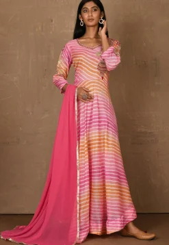 Embroidered Kota Silk Abaya Style Suit in Multicolor