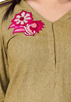 Embroidered Linen Cotton a Line Suit in Beige