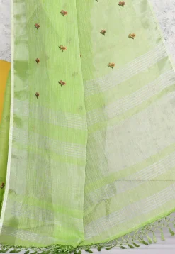Embroidered Linen Saree in Light Green