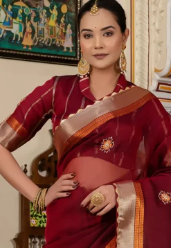 Embroidered Linen Silk Saree in Maroon