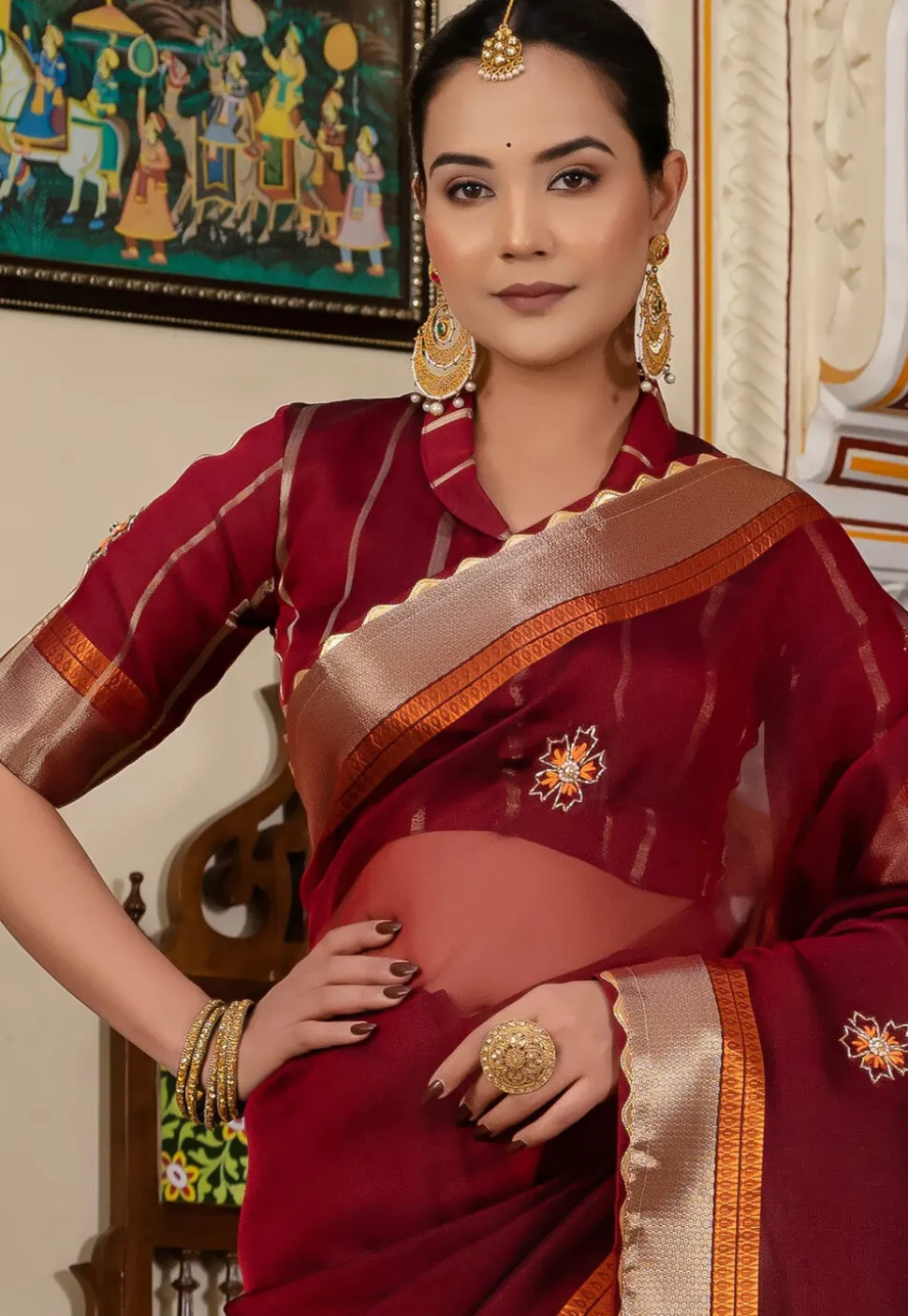 Embroidered Linen Silk Saree in Maroon